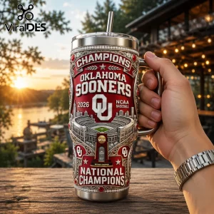 Oklahoma Sooners 2026 NCAA baseball champions stainless steel tumbler with stadium graphic and red enamel detailing.!