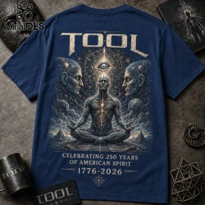 Navy blue t-shirt with Tool logo, meditating figure, geometric patterns, and 1776-2026 American spirit text graphic.!
