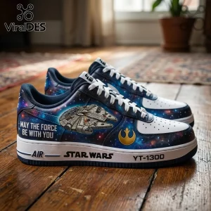 Custom Star Wars sneakers featuring Millennium Falcon art, galaxy print, Rebel Alliance logo, and text on a wooden floor.!