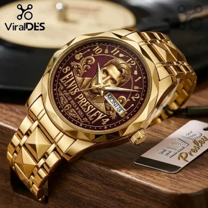 Gold-tone stainless steel Elvis Presley watch featuring a maroon dial, embossed portrait, and King of Rock N Roll text.!