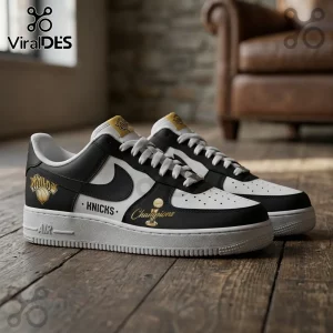 New York Knicks themed custom sneakers in black, white, and gold, featuring a Larry O'Brien trophy icon on a wooden floor.!