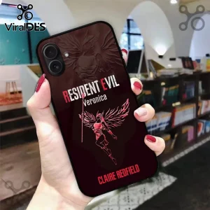 Resident Evil Code Veronica phone case with red winged female character graphic and Claire Redfield text on black surface.!