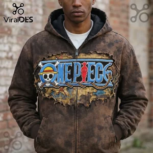 Distressed brown zip-up hoodie featuring a large embroidered One Piece logo patch over a vintage map background.!