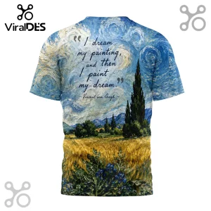 All-over print t-shirt featuring Vincent van Gogh's Wheat Field with Cypresses and a quote in dark blue serif lettering.!
