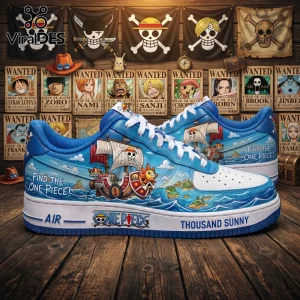 One Piece anime theme sneakers with Thousand Sunny ship art, blue water patterns, white soles, and text saying Find the One Piece.!