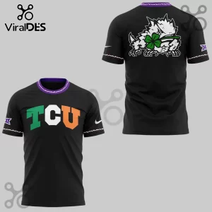 Black TCU t-shirt featuring Irish flag colors on chest lettering and a Horned Frog holding a shamrock on the back.!