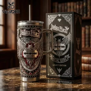 Judas Priest stainless steel tumbler with Metal Gods logo, winged demon, razor blade emblem, and matching black gift box.!