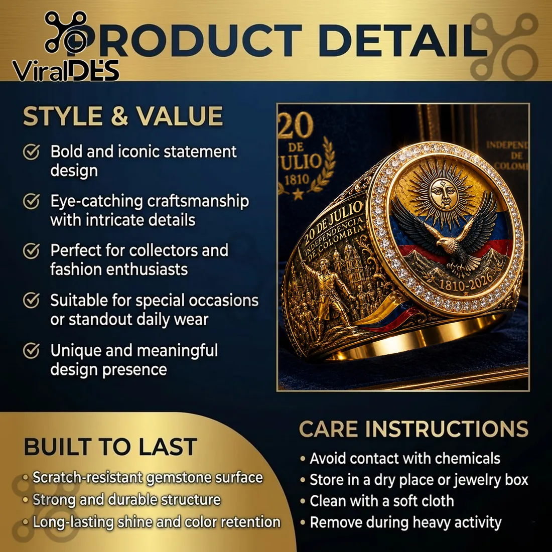 Colombia Independence 20 July 1810 Gold Plated Ring Colombia Independence 20 July 1810 Gold Plated Ring