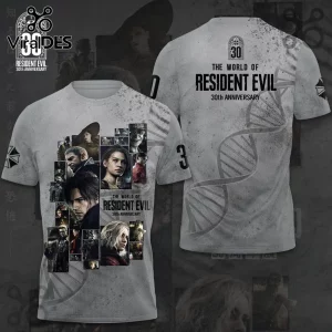 Resident Evil 30th anniversary grey t-shirt featuring front character collage and back DNA helix graphic with logo prints.!