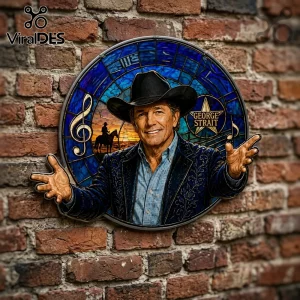 George Strait portrait on circular stained glass wall art featuring a cowboy silhouette and music notes on brick wall.!
