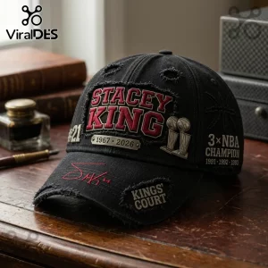 Black distressed baseball cap with Stacey King embroidery, metal trophy pins, 3x NBA Champion text, and red signature.!