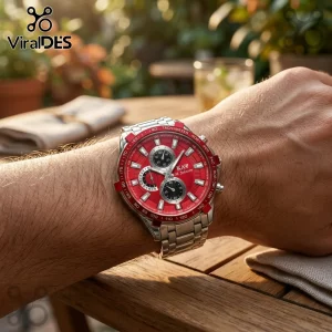 Silver stainless steel chronograph watch with a red dial and tachymeter bezel worn on a man's wrist outdoors.!