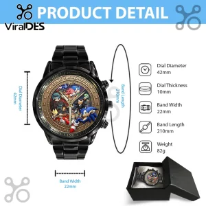 Sonic the Hedgehog 35th anniversary stainless steel black wristwatch with multi-character dial graphics and technical specs.!