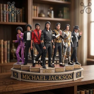 Michael Jackson collectible figurine set showing seven stages of his career on a circular base with era-labeled platforms.!