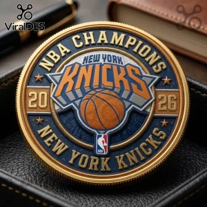 Gold and blue circular New York Knicks 2026 NBA Champions commemorative medallion with a raised basketball logo.!