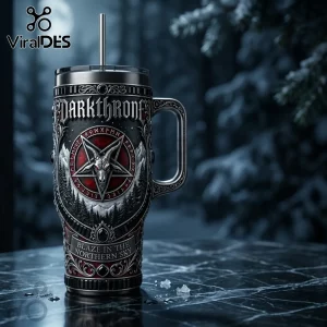 Darkthrone metal band tumbler featuring a goat pentagram design, silver text, and dark forest imagery on black background.!