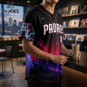 San Diego Padres black baseball jersey with neon pink fire patterns, city skyline graphic, and K-POP DEM HUNT text sleeve.!