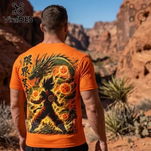 Man wearing orange cotton t-shirt with back graphic of Son Goku, Shenron dragon, and four star Dragon Balls.!