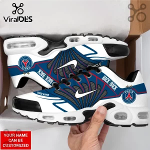 Custom Paris Saint-Germain Nike sneakers with white, blue, and red accents, featuring Back 2 Back text and team logo.!