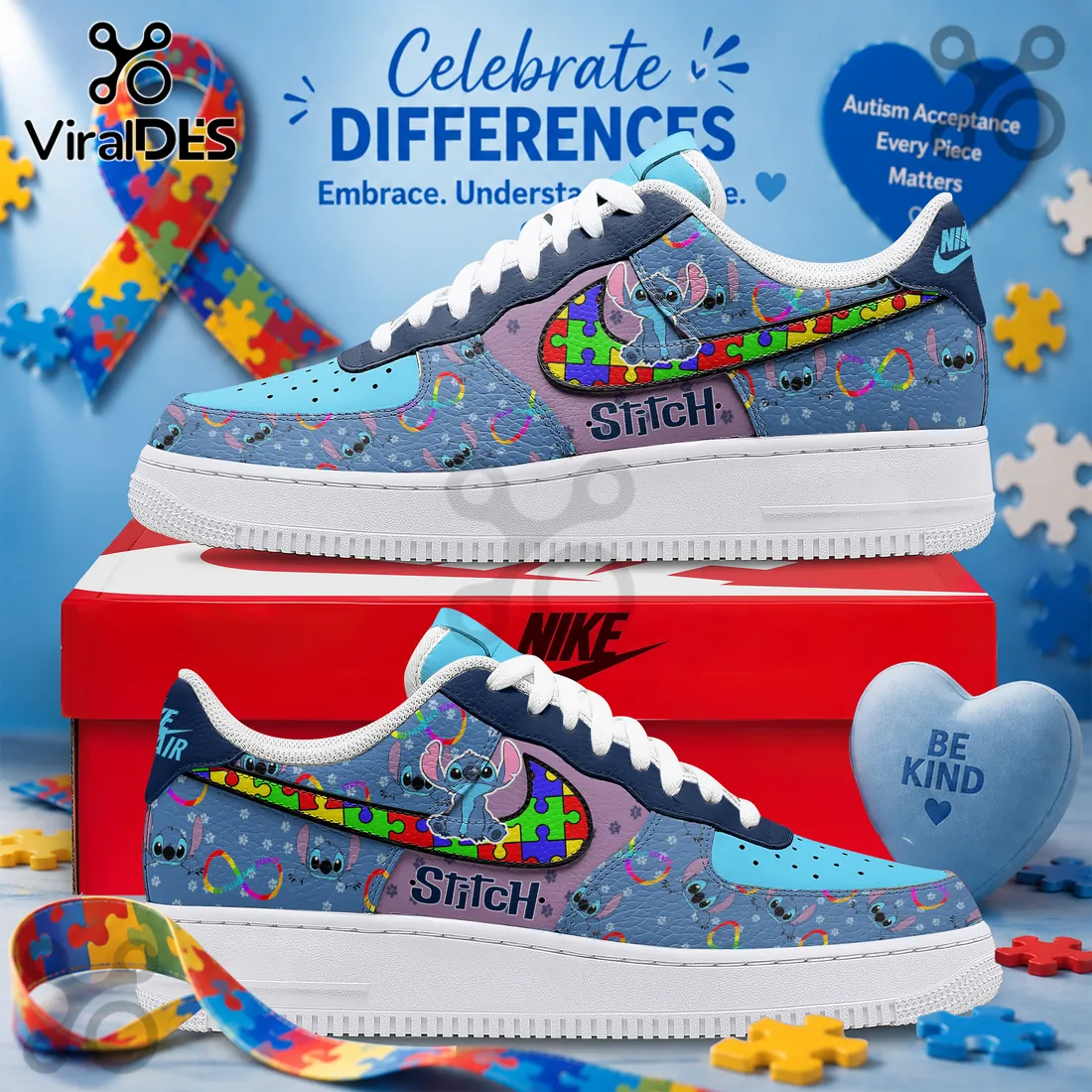 Disney Stitch x Autism Awareness Puzzle Air Force 1 Sneakers Disney Stitch x Autism Awareness Puzzle Air Force 1 Sneakers