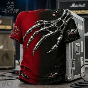 Red and black distressed t-shirt featuring a large chrome claw graphic, pentagram logo on sleeve, and Rush text print.!