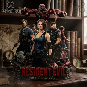 Resident Evil 30th anniversary resin statue featuring Leon Kennedy, Jill Valentine, and Chris Redfield on bookshelf.!
