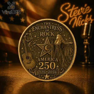 Bronze Stevie Nicks collectible coin featuring a guitar, moon, star, and text The Enchantress of Rock America 250 1776-2026.!
