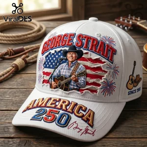 White George Strait baseball cap featuring American flag imagery, fireworks, guitar illustration, and America 250 text.!