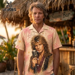 Jon Bon Jovi wearing a button-down shirt with a vintage graphic of his younger self holding a microphone, palm tree print.!