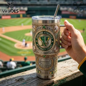Oakland Athletics metal travel tumbler with elephant logo, baseballs, stadium relief, and Yeti branding at a stadium.!