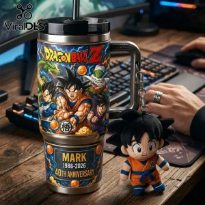Dragon Ball Z stainless steel tumbler featuring Goku, Vegeta, and Piccolo with custom name Mark and 40th anniversary text.!