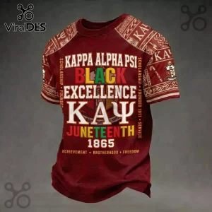 Maroon Kappa Alpha Psi t-shirt featuring Black Excellence and Juneteenth 1865 text with Greek letters on shoulder sleeves.!