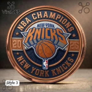 Round New York Knicks 2026 NBA Champions copper challenge coin with embossed blue and orange team logo and basketball.!