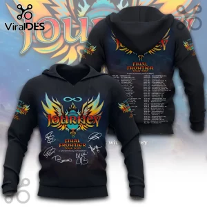 Black Journey band hoodie featuring Final Frontier Tour 2026 graphics, scarab logo, city dates, and band member signatures.!
