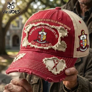 Distressed red and cream Kappa Alpha Psi baseball cap with embroidered fraternity crest, cane icons, and founding year 1911.!