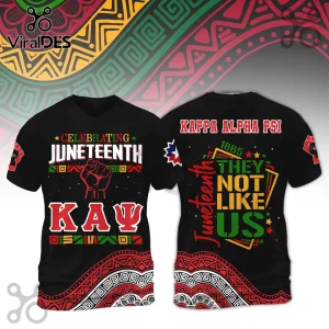 Black cotton t-shirt featuring Juneteenth and Kappa Alpha Psi graphics in red, yellow, and green colors.!