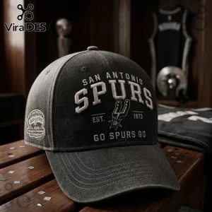 San Antonio Spurs charcoal grey baseball cap with embroidered team name, logo, EST 1973, and championship side patch.!