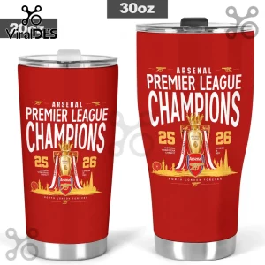 Red Arsenal FC Premier League Champions stainless steel tumblers with gold trophy, London skyline, and club crest text.!