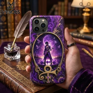 Prince-themed iPhone case featuring purple marble texture, guitar player illustration, and gold Love Symbol emblem.!