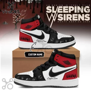 Custom Sleeping With Sirens high-top sneakers in red, black, and white with band logo, signatures, and custom text area.!