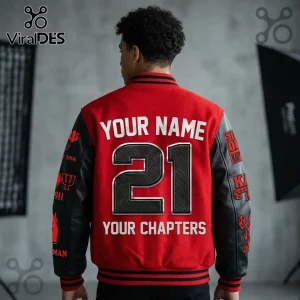 Custom red wool varsity jacket with black leather sleeves, showing number 21 and personalization text on the back.!