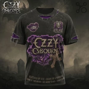 Ozzy Osbourne distressed black t-shirt with purple shredded fabric accents, bat, cross, and album title graphics.!