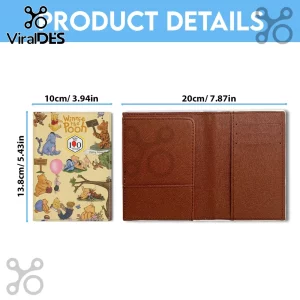 Winnie the Pooh 100 years themed passport holder in yellow with interior brown faux leather card slots and dimension labels.!