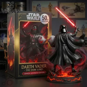 Darth Vader Crimson Sovereign Edition statue with a red glowing lightsaber standing on a lava-themed display base.!