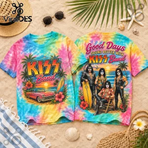 KISS band tie-dye t-shirt featuring tropical beach scene with convertible car, surfboards, and band members on back print.!