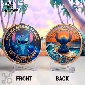 Two Lilo and Stitch 25th anniversary commemorative coins on stands, showing character art, ocean, and space themes.!