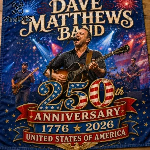 Dave Matthews Band anniversary fabric tapestry featuring band members, fireworks, American flag patterns, and stars.!
