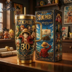 One Piece 30th anniversary stainless steel tumbler with gold handle, featuring Luffy and crew on a blue and gold background.!