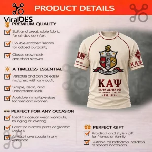 Kappa Alpha Psi cream t-shirt with red trim featuring fraternity crest, Greek letters, and EST. 1911 text graphic.!
