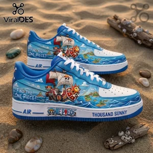 One Piece anime theme sneakers featuring the Thousand Sunny ship, blue ocean waves, and printed text on white sand.!